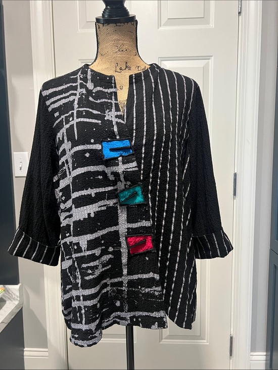 Ali Miles Tops - Ali Miles Artsy Black Patterned Button Top with Color Accents Maximalist Indie